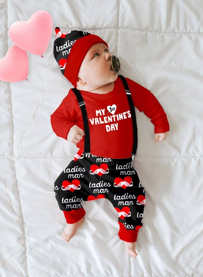 AGAPENG Baby Boy Valentines Day Outfit 9-12 Months My First Valentines Day Romper Bodysuit+ Heart Suspender Pants+Hat 3Pcs - Image 4