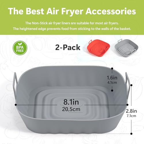 Li & Zhao Li&Zhao Silicone Air Fryer Liners Reusable - 2 PCS Square Air Fryer Inserts Air Fryer Accessories 4 to 7 Qt Silicone Liners Basket for Kitchen (Red & Gray) - Image 4