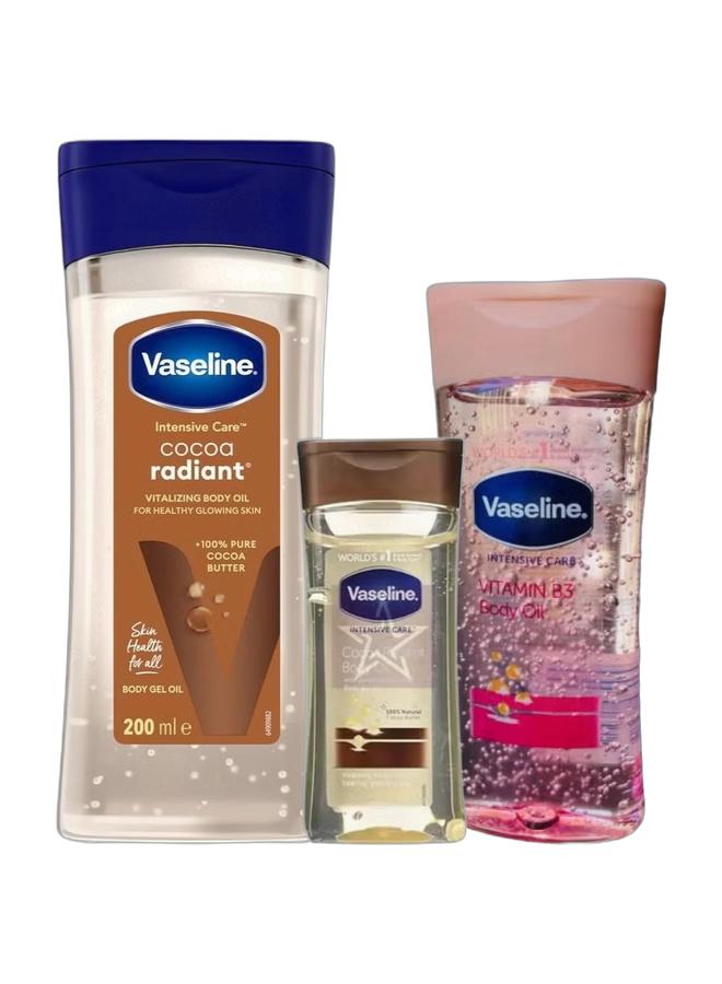 Vaseline Premium Body Oil Bundle Set – Cocoa Radiant Body Oil Gel 200ml + Vitamin B3 Body Oil + Cocoa Radiant Vitalizing Body Oil | Deep Moisturizing & Radiant Skin Care (Pack of 3) - Image 1