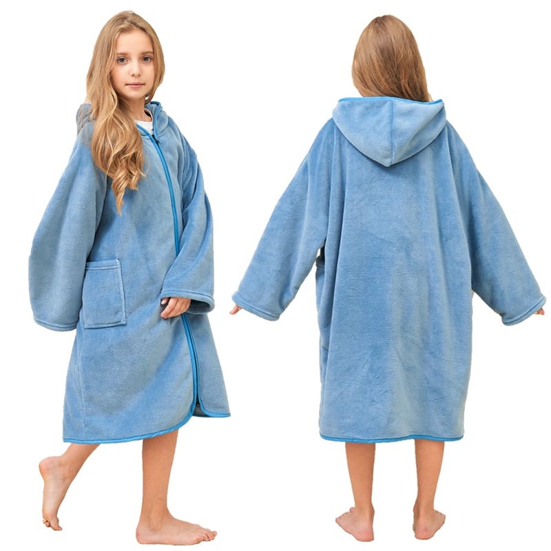 Hiturbo Kids Bath Towel Hoodie: Soft Plush Zipper Surf Poncho - Warm Fleece Changing Towels Swimming Outerwear (Blue) - Image 5
