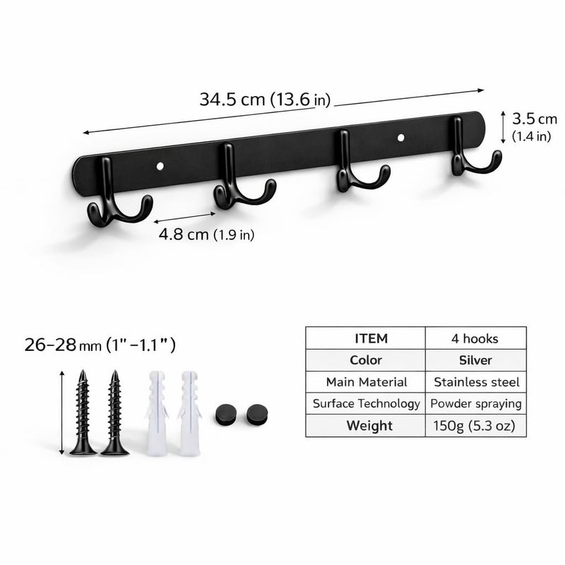 Stainless Steel Clothes Hanger – Wall Mounted or Wooden Door Hanger with 4 Strong Double Hooks for Hanging Coats, Towels, Hats – Stylish Design Space Saving for Homes, Offices (Black) - Image 2