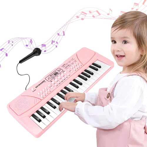 M SANMERSEN Kids Piano Keyboard with Microphone 37 Keys Portable Electronic Keyboards for Beginners Musical Toy for 3456 Year Old Girls Boys Pink - Image 1