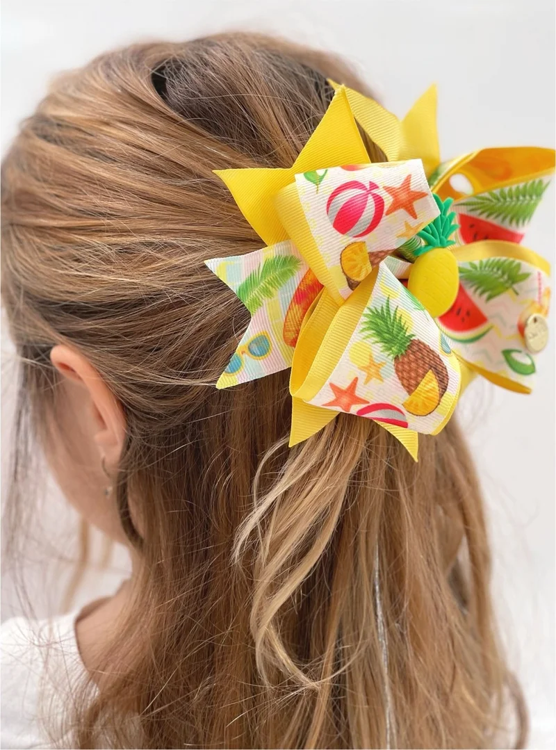 Queen Aksesuar Queen Accessory Special Design Luxury Large Layered Bow Buckle Adult Child Buckle with Metal Clip Fruity Pineapple