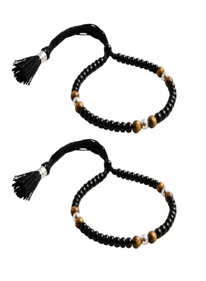 Darshraj® 925 Sterling Silver Baby Nazariya Bracelet & Anklet for Boys & Girls | Tiger Eye Stone & Black Beads Black Thread Adjustable Wristband | Nazar Suraksha Infant Jewelry (9 Inch + 6 Inch) Adjustable | Unisex Daily Wear - Image 1