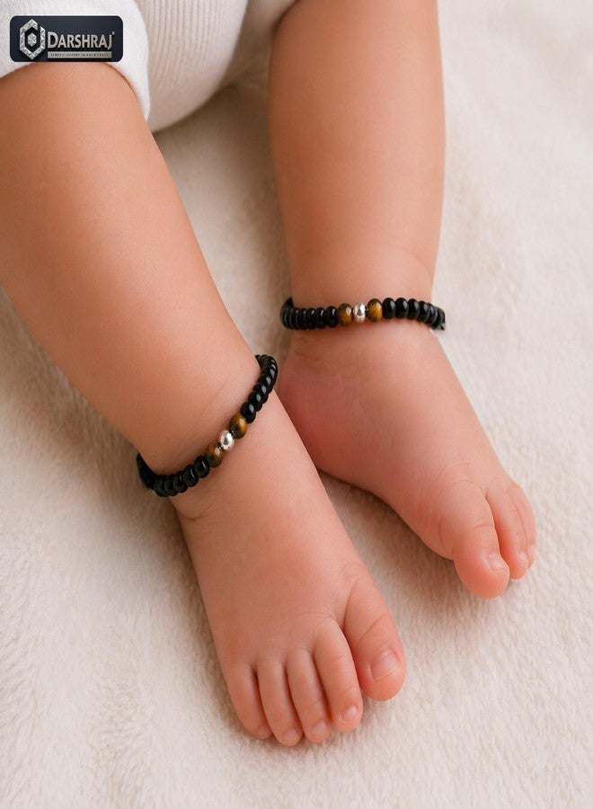 Darshraj® 925 Sterling Silver Baby Nazariya Bracelet & Anklet for Boys & Girls | Tiger Eye Stone & Black Beads Black Thread Adjustable Wristband | Nazar Suraksha Infant Jewelry (9 Inch + 6 Inch) Adjustable | Unisex Daily Wear - Image 5
