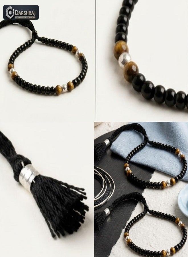 Darshraj® 925 Sterling Silver Baby Nazariya Bracelet & Anklet for Boys & Girls | Tiger Eye Stone & Black Beads Black Thread Adjustable Wristband | Nazar Suraksha Infant Jewelry (9 Inch + 6 Inch) Adjustable | Unisex Daily Wear - Image 2