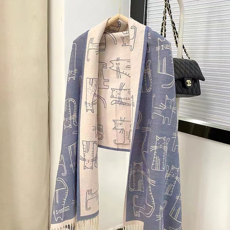 Scarf Womens Autumn and Winter Internet Popular Cute Girl Imitation Cashmere Thickened Kitten Windproof Shawl Wearable Neck Dual-Use Powder Blue-Cat