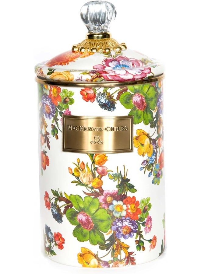 Mackenzie-Childs Mackenzie-Childs White Flower Market Enamel Canister, Floral Kitchen Storage Container With Lid, Large - Image 1