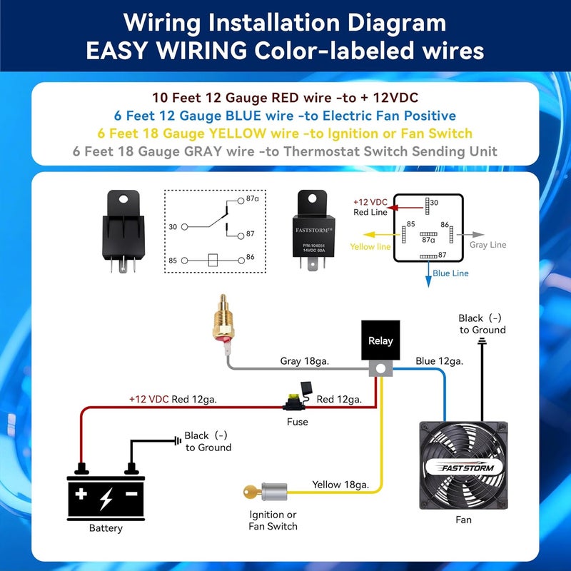FASTSTORM Electric Fan Relay Kit 12V 60 AMP Electric Radiator Cooling Waterproof Fan Relay Kit with Thermostat Control Switch 185 On 175 Off Upgrade - Image 5