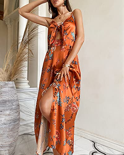Fashionme Women Spaghetti Strap Midi Satin Dresses Tie Front Backless Split Summer Casual Floral Dress Hollow Flowy Slip Dress Sundresses Wedding Guest Beach Cocktail Graduation Orange - Image 4