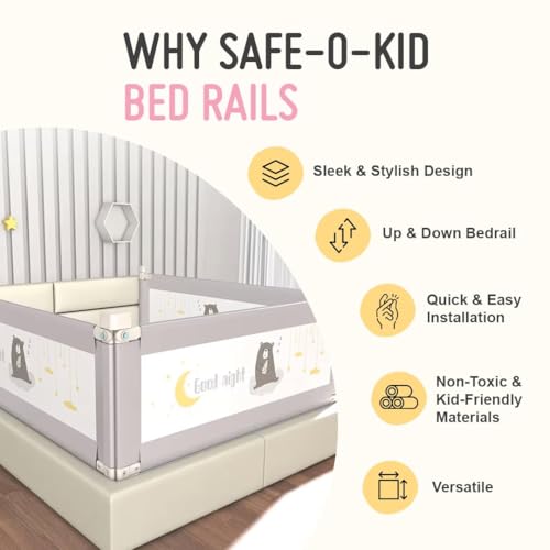 SAFE-O-KID 3 Side Bed Rails (6 Ft/182 cm) with 1-Year Warranty | Bed Railing for Baby Safety |Adjustable Height & Portable | Bed Protector for Baby Falling - Grey - Image 2