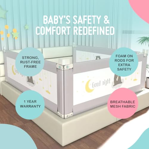 SAFE-O-KID 3 Side Bed Rails (6 Ft/182 cm) with 1-Year Warranty | Bed Railing for Baby Safety |Adjustable Height & Portable | Bed Protector for Baby Falling - Grey - Image 3