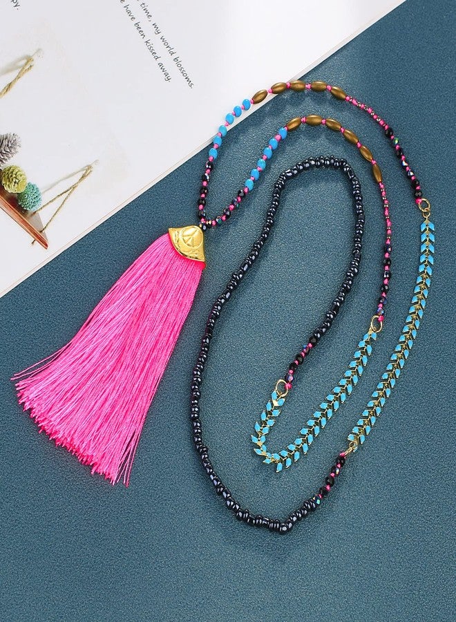 KELITCH Women Turquoise Necklace Crystal Beads Strand Necklace Color Tassels Chains Necklace for Women - Image 3