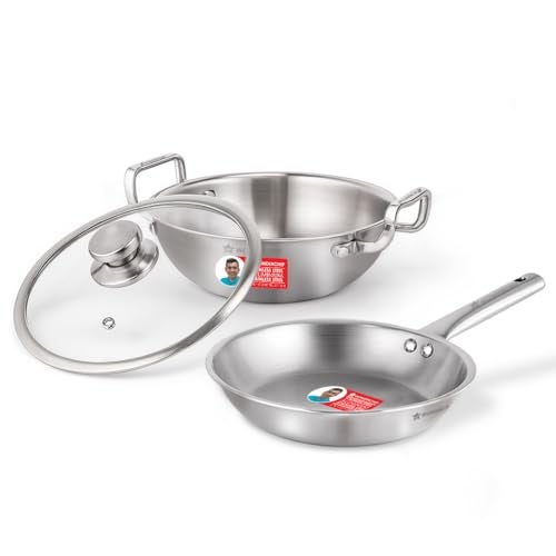 Wonderchef Stella Triply Stainless Steel Cookware Set | 3 Pcs. | Fry Pan 22 cm, Kadhai 22 cm + Lid | for Gas Stove, Induction, Ceramic Cooktop | Uniform Heating | Heavy-Duty Handle | 10-Year Warranty - Image 1