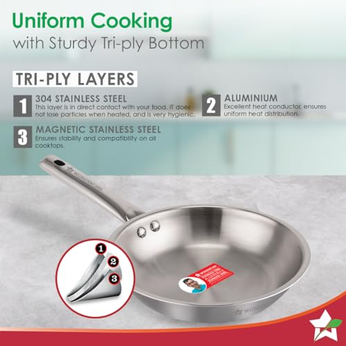 Wonderchef Stella Triply Stainless Steel Cookware Set | 3 Pcs. | Fry Pan 22 cm, Kadhai 22 cm + Lid | for Gas Stove, Induction, Ceramic Cooktop | Uniform Heating | Heavy-Duty Handle | 10-Year Warranty - Image 3