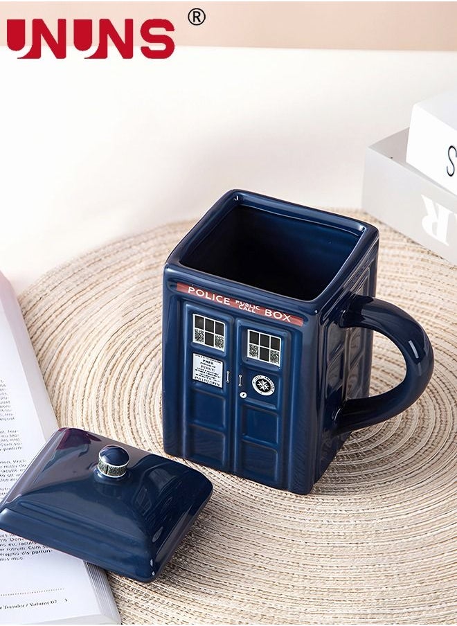 UNUNS - Coffee Mugs,Doctor Who Tardis Police Box Ceramic Coffee Mug,Square Shaped Ceramic Cup Coffee Cup With Lid,500 ML Tardis Mug For Tea Milk Or Other Drink, Creative Gift Kids Men Parents - Image 1