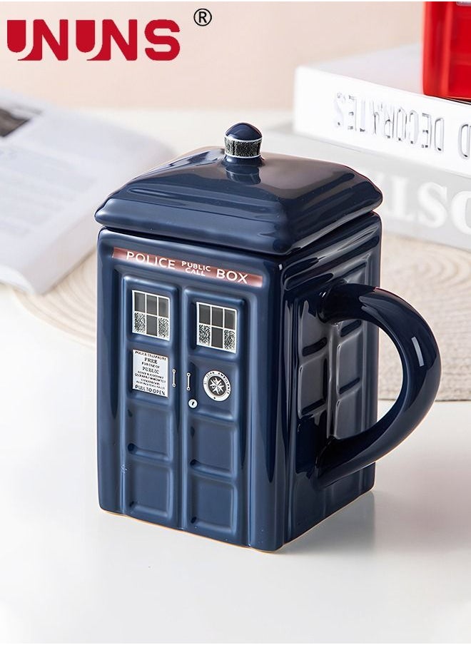 UNUNS - Coffee Mugs,Doctor Who Tardis Police Box Ceramic Coffee Mug,Square Shaped Ceramic Cup Coffee Cup With Lid,500 ML Tardis Mug For Tea Milk Or Other Drink, Creative Gift Kids Men Parents - Image 1