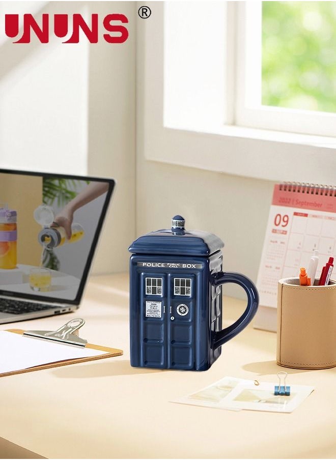 UNUNS - Coffee Mugs,Doctor Who Tardis Police Box Ceramic Coffee Mug,Square Shaped Ceramic Cup Coffee Cup With Lid,500 ML Tardis Mug For Tea Milk Or Other Drink, Creative Gift Kids Men Parents - Image 1