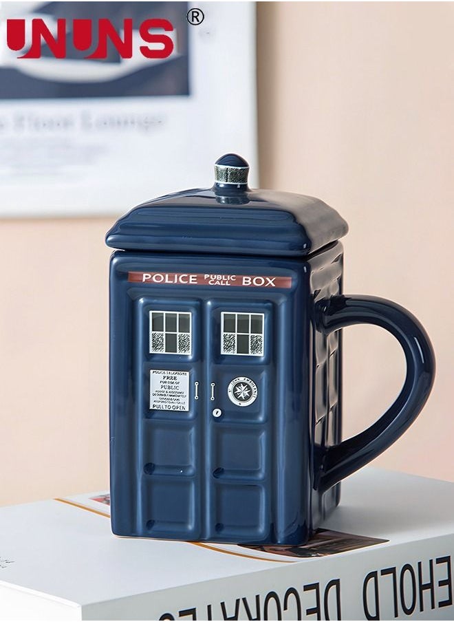 UNUNS - Coffee Mugs,Doctor Who Tardis Police Box Ceramic Coffee Mug,Square Shaped Ceramic Cup Coffee Cup With Lid,500 ML Tardis Mug For Tea Milk Or Other Drink, Creative Gift Kids Men Parents - Image 1