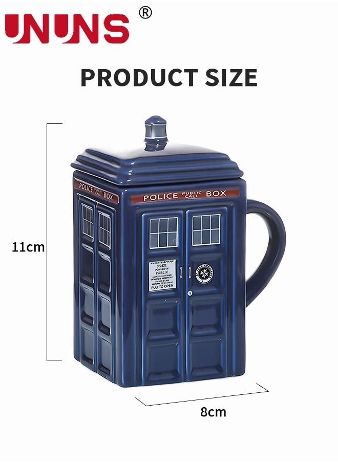UNUNS - Coffee Mugs,Doctor Who Tardis Police Box Ceramic Coffee Mug,Square Shaped Ceramic Cup Coffee Cup With Lid,500 ML Tardis Mug For Tea Milk Or Other Drink, Creative Gift Kids Men Parents - Image 1