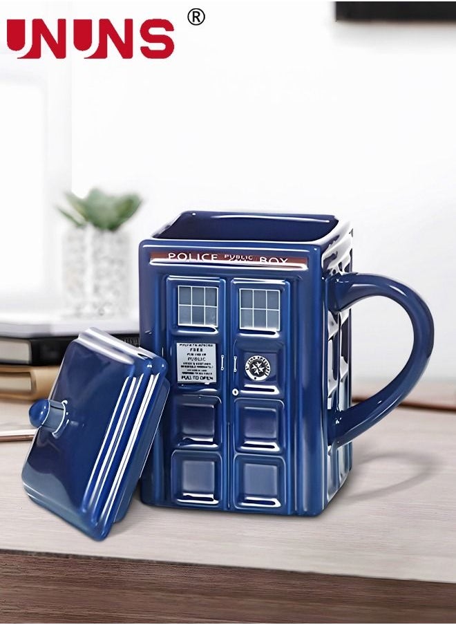 UNUNS - Coffee Mugs,Doctor Who Tardis Police Box Ceramic Coffee Mug,Square Shaped Ceramic Cup Coffee Cup With Lid,500 ML Tardis Mug For Tea Milk Or Other Drink, Creative Gift Kids Men Parents - Image 1