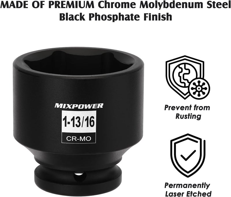 MIXPOWER 3/4" Drive Shallow Impact Socket, CR-MO, 1-13/16", SAE, 6 Point, Axle Nut Impact Grade Socket for Easy Removal - Image 3