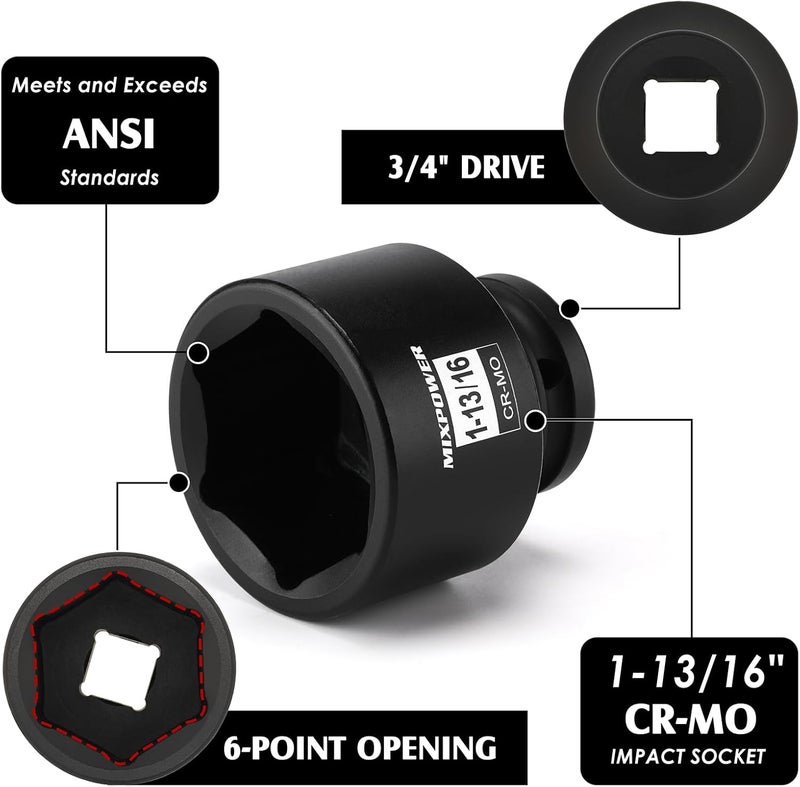 MIXPOWER 3/4" Drive Shallow Impact Socket, CR-MO, 1-13/16", SAE, 6 Point, Axle Nut Impact Grade Socket for Easy Removal - Image 2