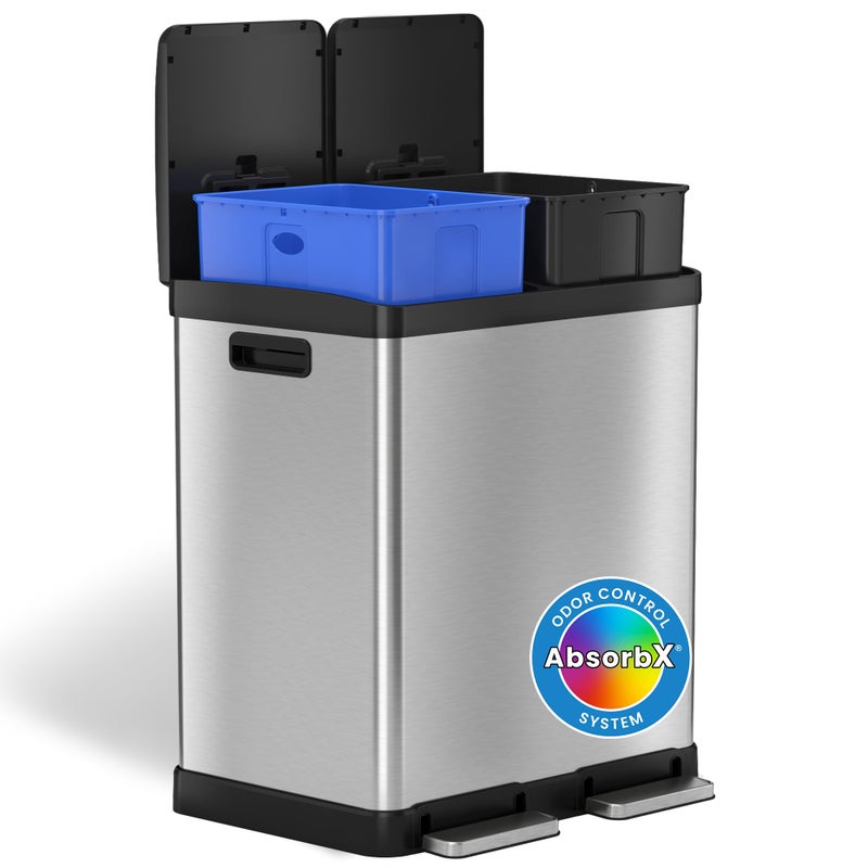 iTouchless iTouchless SoftStep 16 Gallon Step Trash Can  Recycle Bin with Activated Carbon Filter Deodorizers Stainless Steel 2 x 8 Gallon 30L Removable ColorCoded Buckets Soft Close and Airtight Seal 