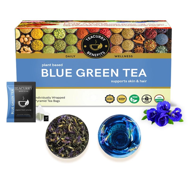 TEACURRY Blue Green Tea(30 Tea Bags) Helps With Weight Loss, Skin Glow, Hair Care, Brain Health Blue Pea Green Tea Blue Butterfly Green Tea For Weight Loss,60 Grams - Image 1