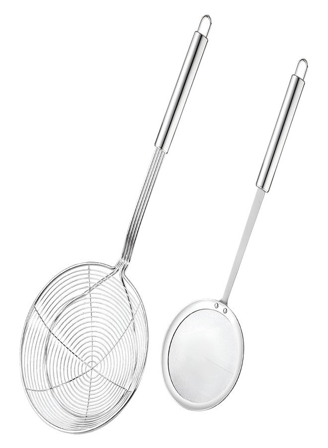 COMFECTO Set of 5.5 Inch Stainless Steel Asian Spider Strainer and 4 Inch Fine Mesh Skimmer Wire Scoop Food Fryer Spoon to Drain Pasta Deep Fry Skimmer Oil - Image 1