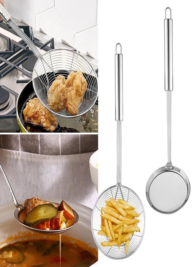 COMFECTO Set of 5.5 Inch Stainless Steel Asian Spider Strainer and 4 Inch Fine Mesh Skimmer Wire Scoop Food Fryer Spoon to Drain Pasta Deep Fry Skimmer Oil - Image 3