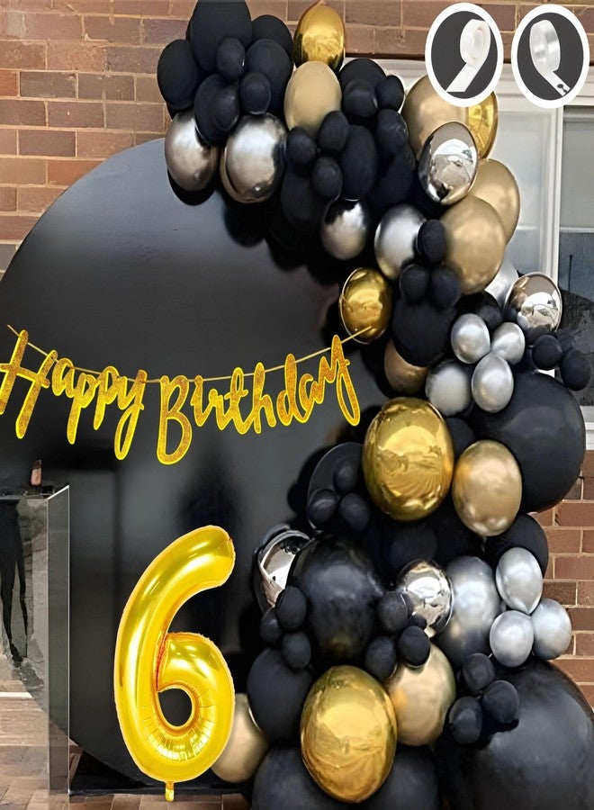 Flyloons 6th Happy Birthday Decoration Golden and Black Theme Combination for Boys Girls Kids | 30 Pcs Gold Black Silver Balloons | Gold Happy Birthday Cursive Glitter Banner | Arch Tape | Glue Dots - Image 1