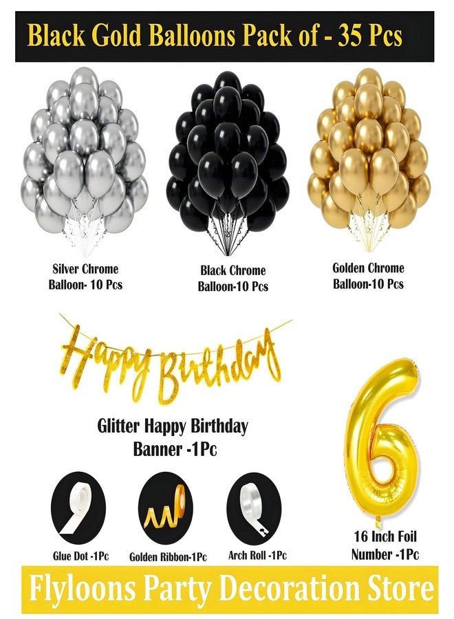 Flyloons 6th Happy Birthday Decoration Golden and Black Theme Combination for Boys Girls Kids | 30 Pcs Gold Black Silver Balloons | Gold Happy Birthday Cursive Glitter Banner | Arch Tape | Glue Dots - Image 2
