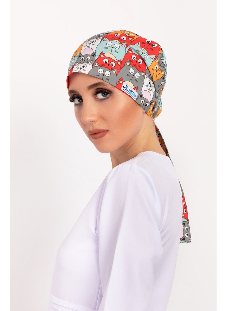 Nur Medikal Giyim Nur Medical Clothing Orange Cat Patterned Hijab Doctor Nurse Hospital Cook Surgical Cap  - Image 1