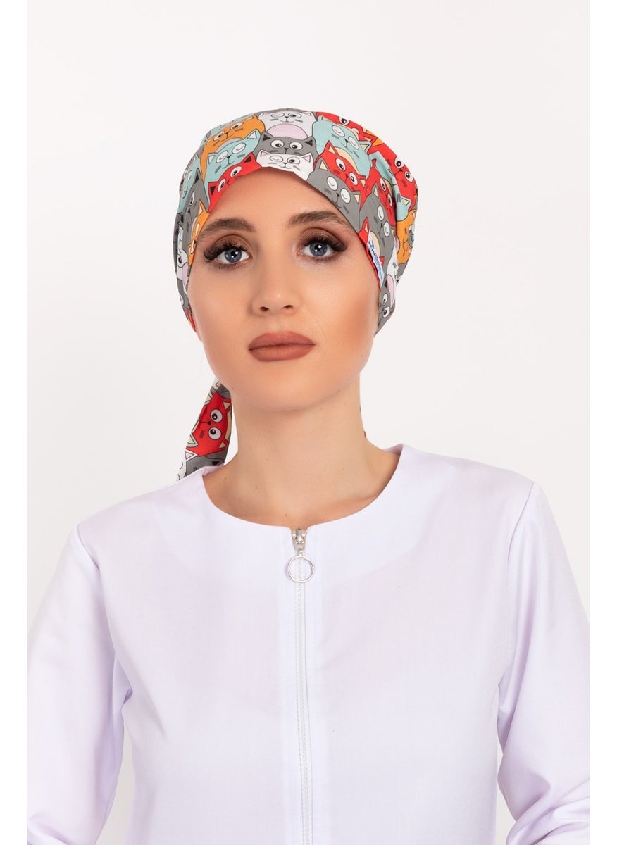 Nur Medikal Giyim Nur Medical Clothing Orange Cat Patterned Hijab Doctor Nurse Hospital Cook Surgical Cap  - Image 2
