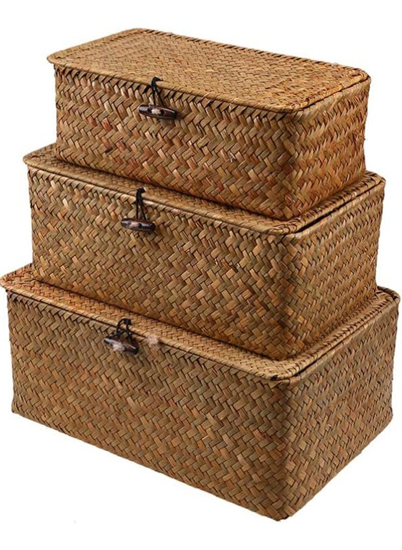 LINGWEI Woven Wicker Storage Bins with Lids - Set of 3 Natural Seagrass Rectangular Baskets for Home Organization  - Image 1