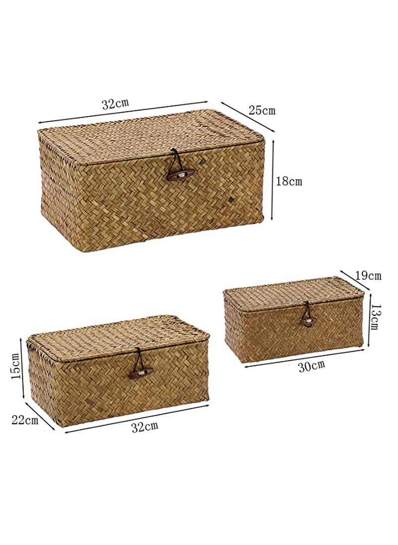 LINGWEI Woven Wicker Storage Bins with Lids - Set of 3 Natural Seagrass Rectangular Baskets for Home Organization  - Image 2