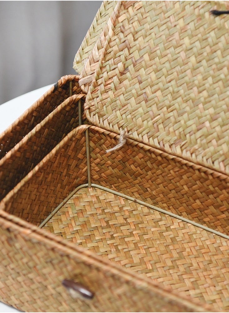 LINGWEI Woven Wicker Storage Bins with Lids - Set of 3 Natural Seagrass Rectangular Baskets for Home Organization  - Image 5