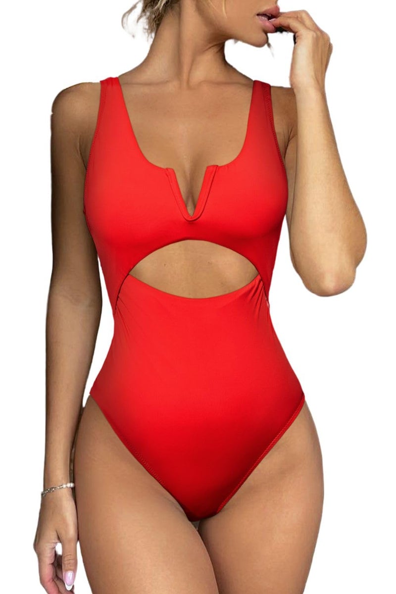 Meyeeka One Piece Bathing Suit for Women Tummy Control Womens Swimsuits High Cut Monokini S Red - Image 1