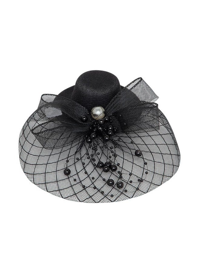 Radhu & Kabby Fascinator Hat for Women | Black Hat with Mesh Bow & Beaded Details | Dual Alligator Clips for Grip | Hair Accessory for Weddings, Parties & Special Events | 1-piece - Image 1