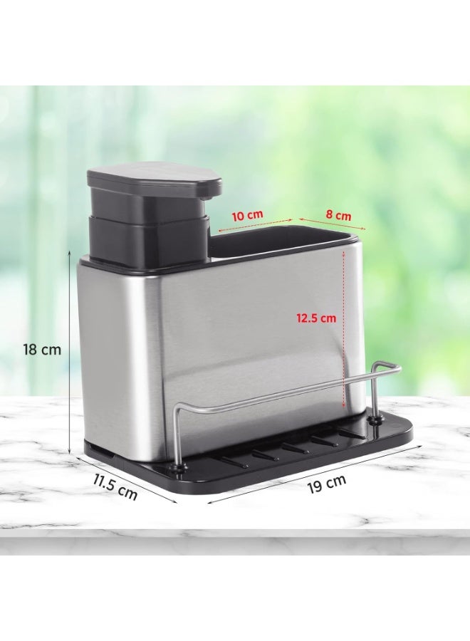 Multifunctional kitchen sink caddy with a 340ml liquid soap dispenser, combining lightweight durability with a non-slip base for stable placement. Features a simple water drainage system to keep cleaning tools dry, and serves as a sleek organizer for sponges, brushes, and soap—adding both style and order to your kitchen sink area. - Image 2