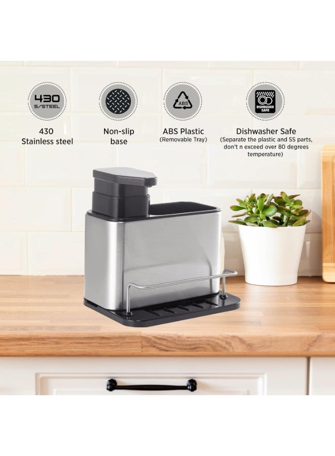 Multifunctional kitchen sink caddy with a 340ml liquid soap dispenser, combining lightweight durability with a non-slip base for stable placement. Features a simple water drainage system to keep cleaning tools dry, and serves as a sleek organizer for sponges, brushes, and soap—adding both style and order to your kitchen sink area. - Image 4