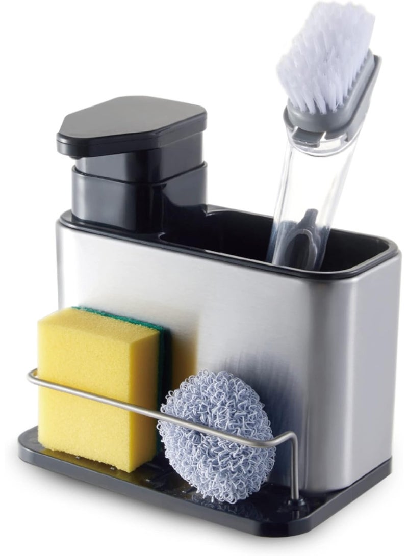 Multifunctional kitchen sink caddy with a 340ml liquid soap dispenser, combining lightweight durability with a non-slip base for stable placement. Features a simple water drainage system to keep cleaning tools dry, and serves as a sleek organizer for sponges, brushes, and soap—adding both style and order to your kitchen sink area. - Image 1