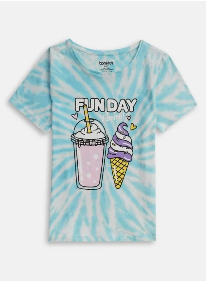 Bonkids Girl's t-shirts in regular fit blue colour cotton fabric embellished pattern pull over closure woven weave type round collar type round neckline half sleeve length t-shirt upper body wear type suitable for casual occasions – fashion-forward flair for playful moments.