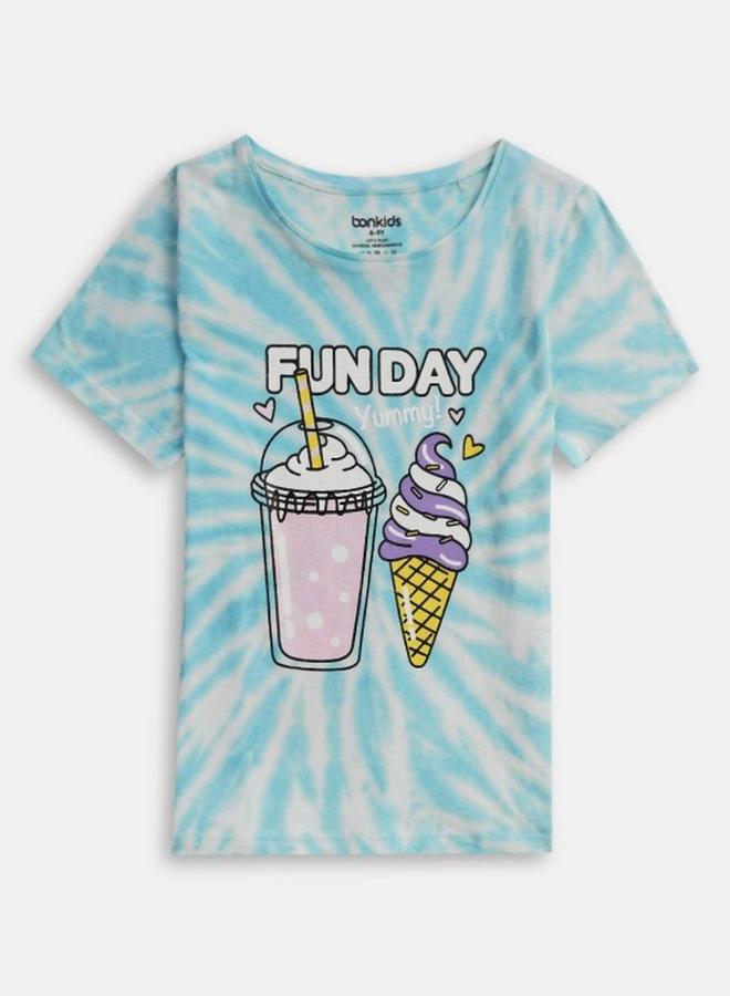 Bonkids Girl's t-shirts in regular fit blue colour cotton fabric embellished pattern pull over closure woven weave type round collar type round neckline half sleeve length t-shirt upper body wear type suitable for casual occasions – fashion-forward flair for playful moments.  - Image 1