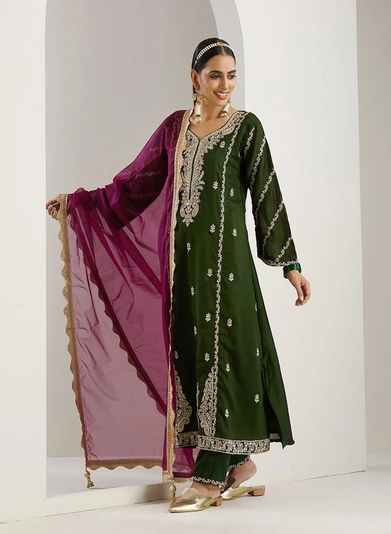 ISHIN  Women's Green Polyester Blend Printed Tunic Full Length Casual Straight Fit Kurta Set for Women | Best Price UAE