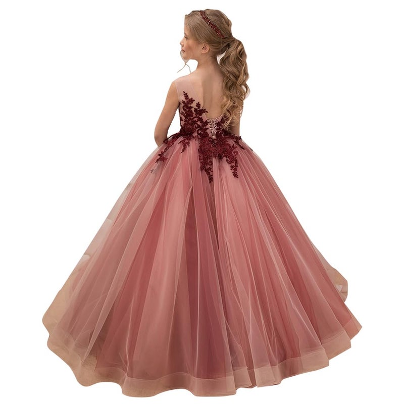PLwedding Flower Girl Dress Kids Lace Applique Pageant Ball Gown Prom Dresses (Size 8, Rose Red) - Image 2