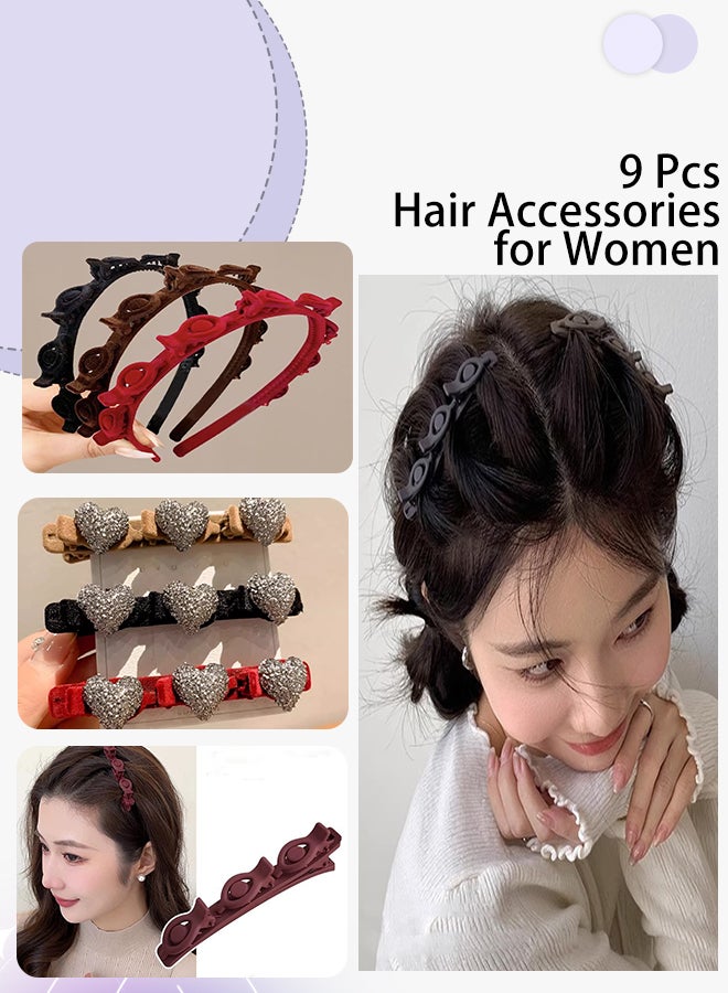 رويس 9 قطع إكسسوارات شعر للنساء، 3 قطع دبابيس شعر على شكل قلب مرصعة بأحجار الراين، 3 قطع مشابك شعر جانبية للجبهة، 3 قطع عصابات رأس مضفرة مزدوجة الطبقات بملمس متشابك، إكسسوارات شعر بسيطة وعصرية - Image 1