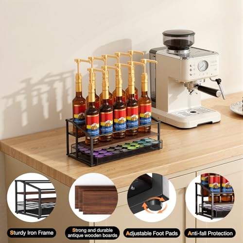 kimilus Coffee Syrup Rack Organizer, 3-Tier 10 Bottle Syrup Rack with 35 K Cup Darwer for Coffee Bar, Countertop Bottle Holder Stand for Dressing for Kitchen Cafe Station - Image 5