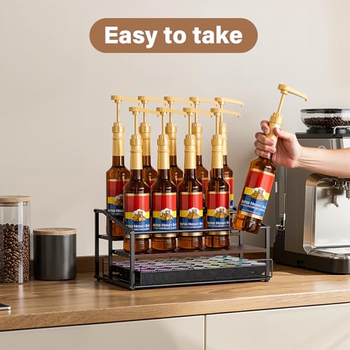 kimilus Coffee Syrup Rack Organizer, 3-Tier 10 Bottle Syrup Rack with 35 K Cup Darwer for Coffee Bar, Countertop Bottle Holder Stand for Dressing for Kitchen Cafe Station - Image 2